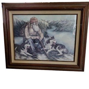Patti Lindstrand Print  Man &Dog Alaska signed & dated Framed 17"W by 21.5"H Art